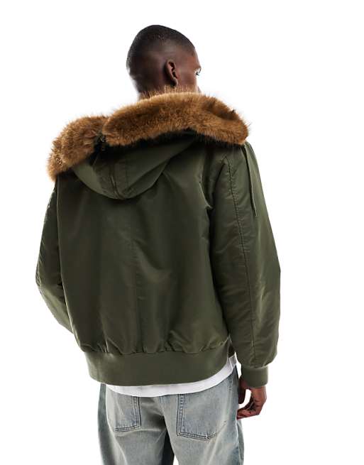 DESIGN Oversized MA1 Bomber Jacket With Faux Fur Hood In Khaki