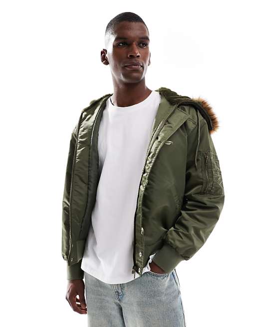 DESIGN Oversized MA1 Bomber Jacket With Faux Fur Hood In Khaki