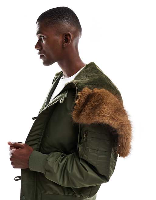 DESIGN oversized MA1 bomber jacket with faux fur hood in khaki