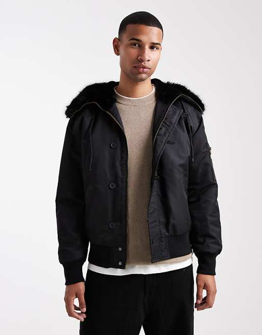 DESIGN oversized MA1 bomber jacket with faux fur hood in black