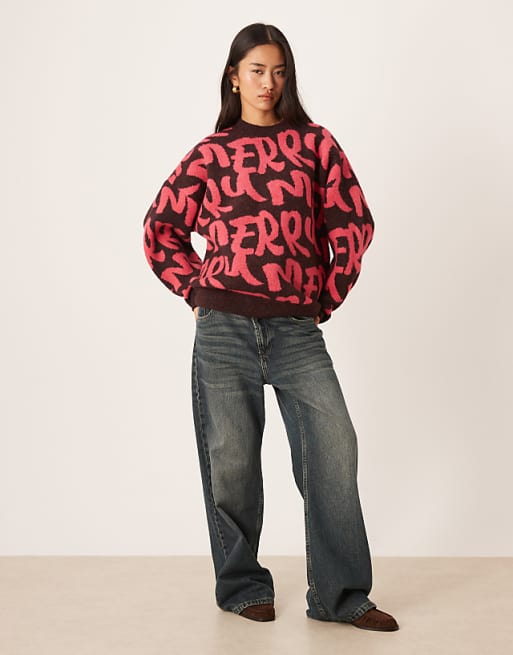 DESIGN Oversized Merry Graphic Jumper In Dark Brown