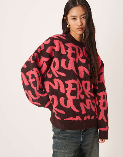 DESIGN oversized merry graphic jumper in dark brown
