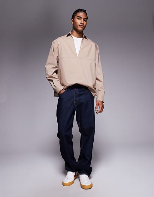 DESIGN Oversized Overhead Poplin Shirt In Beige