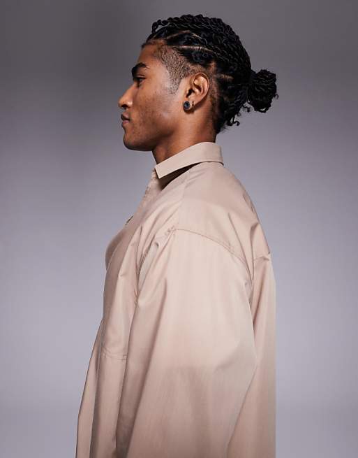 DESIGN Oversized Overhead Poplin Shirt In Beige