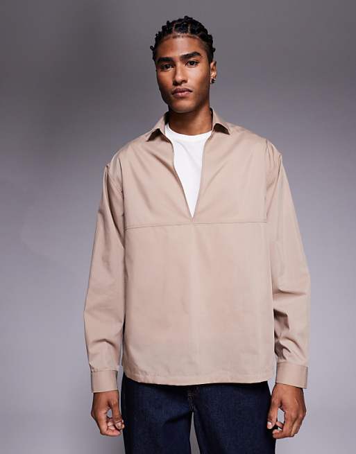 DESIGN oversized overhead poplin shirt in beige