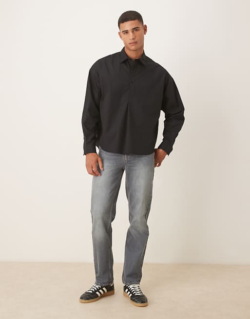 DESIGN Oversized Overhead Poplin Shirt With Scoop Hem In Black