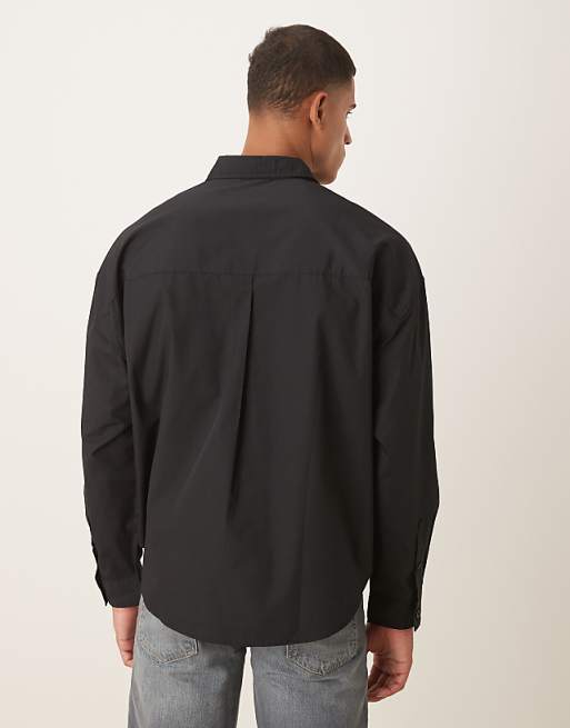 DESIGN Oversized Overhead Poplin Shirt With Scoop Hem In Black