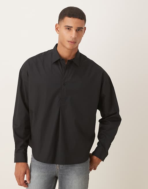 DESIGN oversized overhead poplin shirt with scoop hem in black