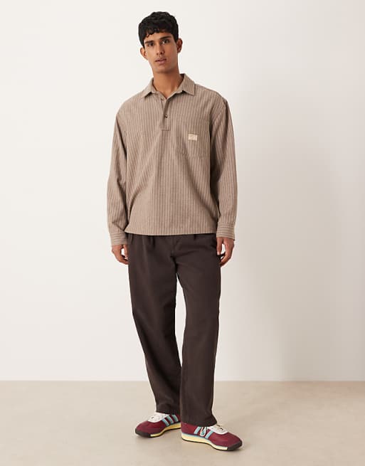 DESIGN Oversized Overhead Stripe Shirt With Badge Detail In Brown