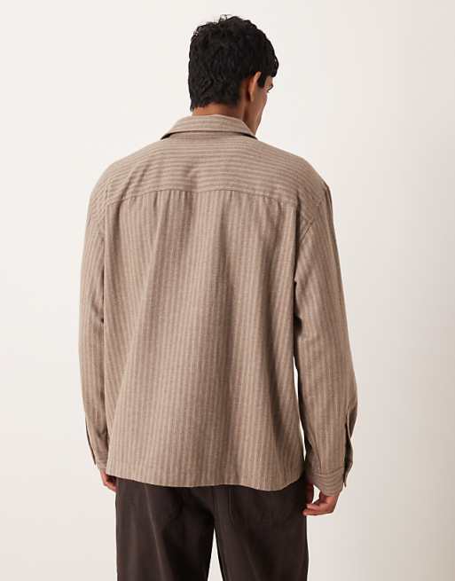 DESIGN Oversized Overhead Stripe Shirt With Badge Detail In Brown