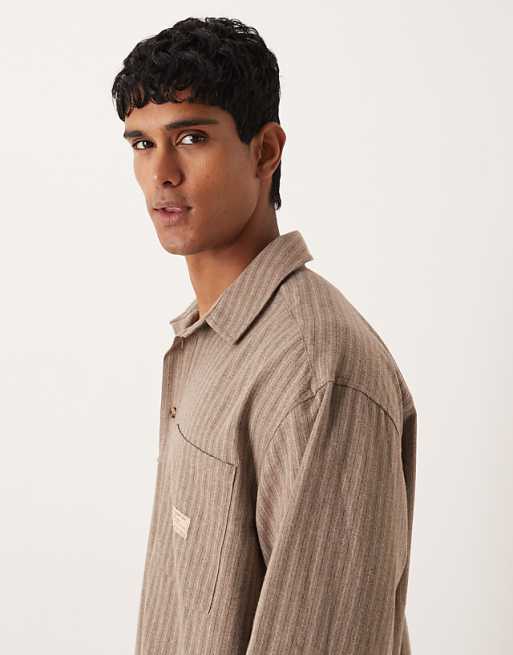 DESIGN Oversized Overhead Stripe Shirt With Badge Detail In Brown