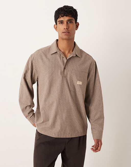 DESIGN oversized overhead stripe shirt with badge detail in brown