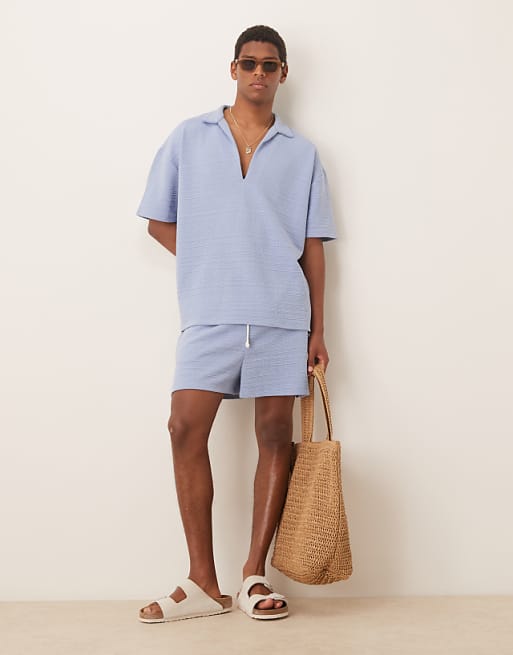 DESIGN Oversized Polo Co-ord In Light Blue Texture