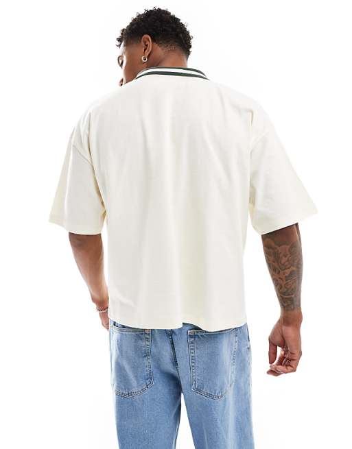 DESIGN Oversized Polo Shirt In Off White With Paraiso Front Print