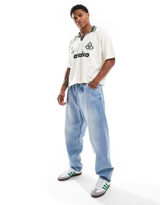 DESIGN Oversized Polo Shirt In Off White With Paraiso Front Print