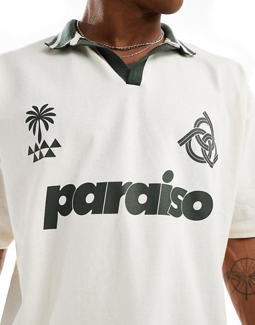 DESIGN Oversized Polo Shirt In Off White With Paraiso Front Print