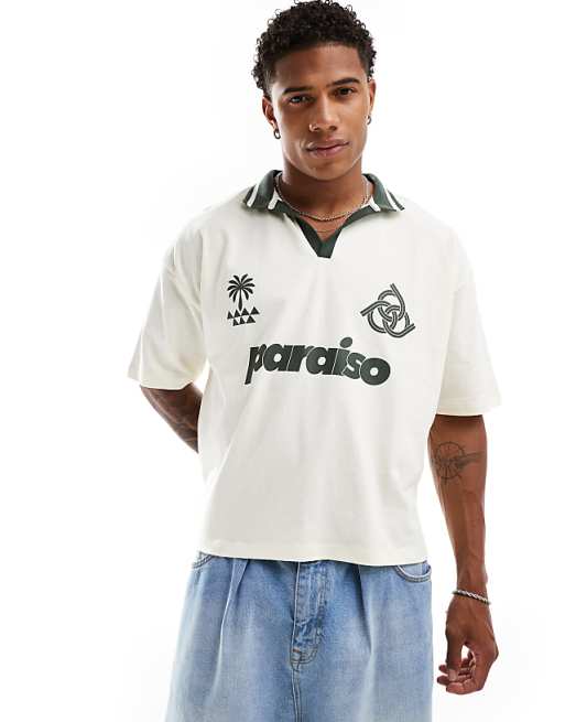 DESIGN oversized polo shirt in off white with paraiso front print