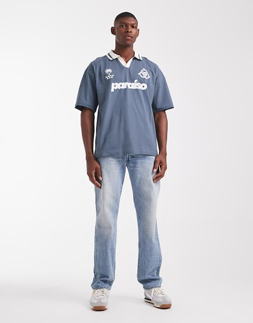 DESIGN Oversized Polo Shirt In With Paraiso Graphic In Grey