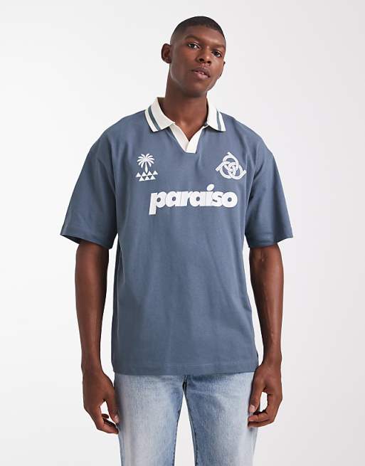 DESIGN oversized polo shirt in with paraiso graphic in grey