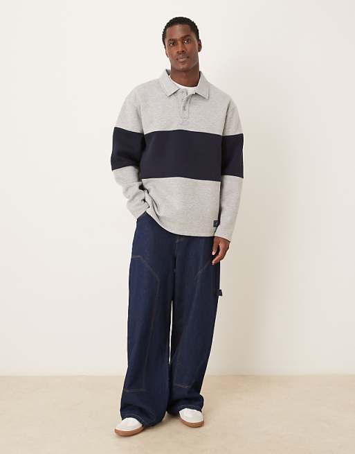 DESIGN Oversized Polo Sweatshirt With Colour Blocking And Woven Label In Grey Marl