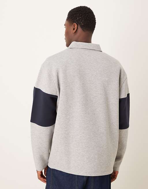 DESIGN Oversized Polo Sweatshirt With Colour Blocking And Woven Label In Grey Marl
