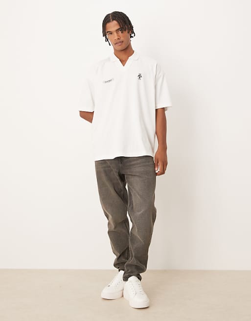 DESIGN Oversized Polo With Back And Front Crest Print In Cream