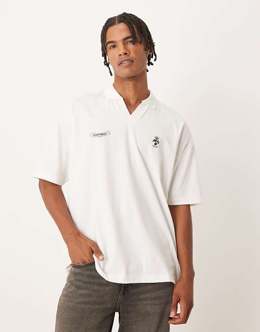DESIGN Oversized Polo With Back And Front Crest Print In Cream