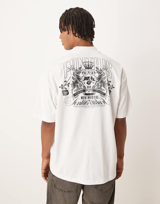 DESIGN oversized polo with back and front crest print in cream