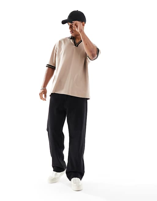 DESIGN Oversized Polo With Contrast Collar And Hem Detail In Stone Pique