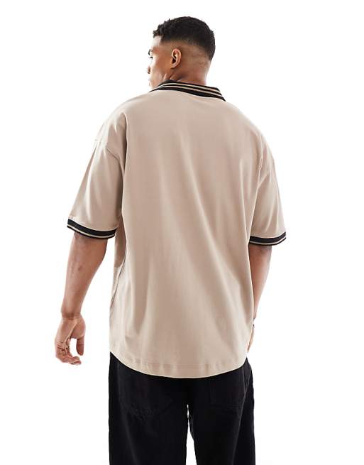 DESIGN Oversized Polo With Contrast Collar And Hem Detail In Stone Pique