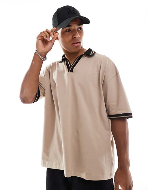 DESIGN Oversized Polo With Contrast Collar And Hem Detail In Stone Pique