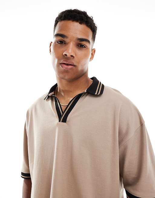 DESIGN oversized polo with contrast collar and hem detail in stone pique