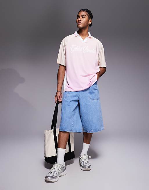 DESIGN Oversized Polo With High Build Text Graphic In Ombre Sports Fabric With Side Panels
