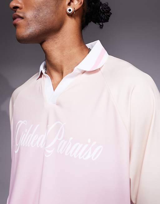DESIGN Oversized Polo With High Build Text Graphic In Ombre Sports Fabric With Side Panels