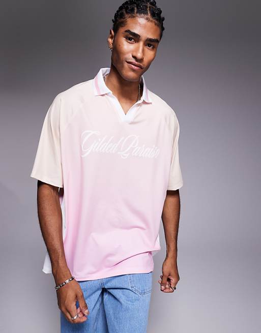 DESIGN oversized polo with high build text graphic in ombre sports fabric with side panels