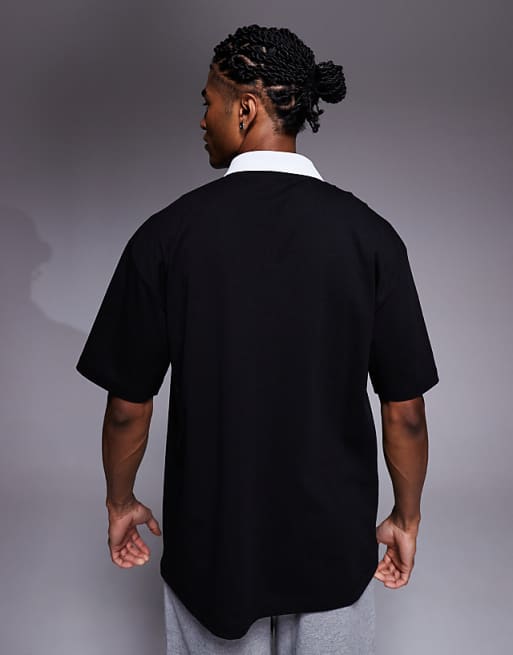 DESIGN Oversized Polo With Piping Detail And Sports Graphic In Black