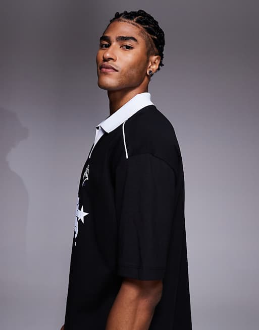 DESIGN Oversized Polo With Piping Detail And Sports Graphic In Black