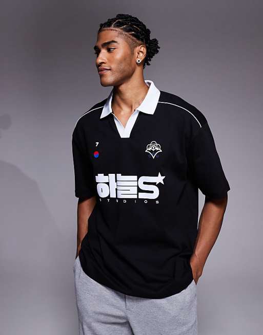 DESIGN oversized polo with piping detail and sports graphic in black