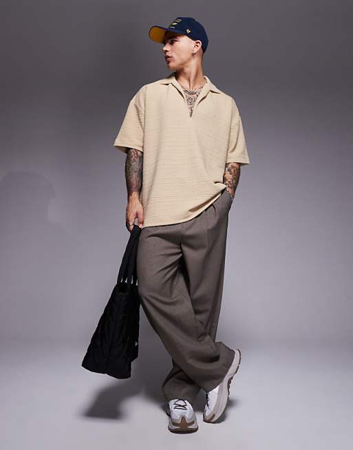 DESIGN Oversized Polo With Revere Collar In Stone Texture