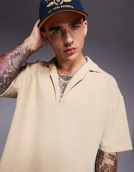 DESIGN Oversized Polo With Revere Collar In Stone Texture