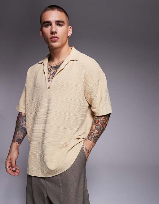 DESIGN oversized polo with revere collar in stone texture