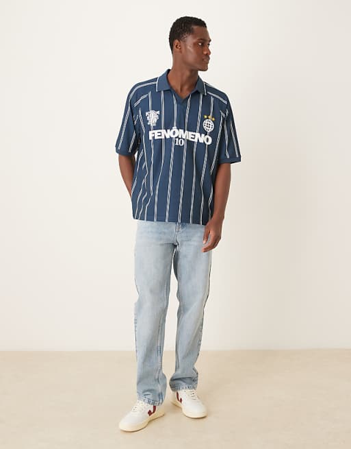 DESIGN Oversized Polo With Sports Graphic In Navy Striped Sports Fabric