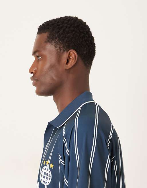 DESIGN Oversized Polo With Sports Graphic In Navy Striped Sports Fabric