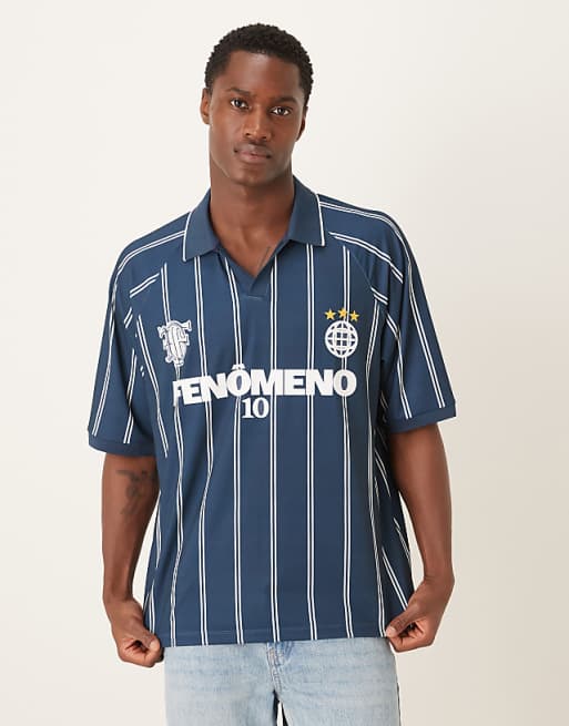 DESIGN oversized polo with sports graphic in navy striped sports fabric
