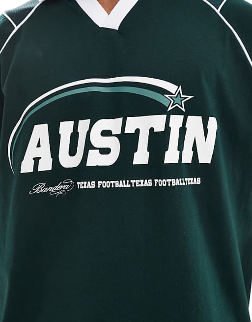 DESIGN Oversized Polo With Sports Graphics And Airtex Panelling In Dark Green