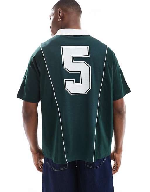 DESIGN Oversized Polo With Sports Graphics And Airtex Panelling In Dark Green