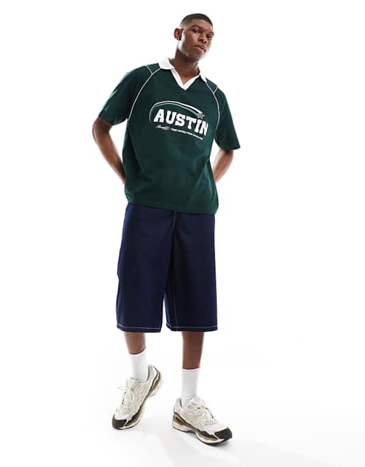 DESIGN Oversized Polo With Sports Graphics And Airtex Panelling In Dark Green