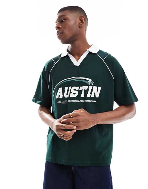 DESIGN oversized polo with sports graphics and airtex panelling in dark green