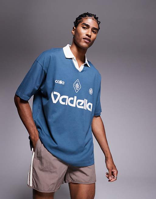DESIGN oversized polo with sports print in charcoal