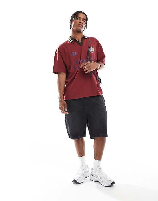 DESIGN Oversized Polo With Tipped Collar And Sports Graphics In Burgundy